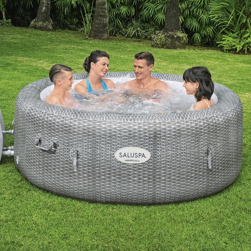 Bestway SaluSpa Honolulu AirJet Large Round 4 to 6 Person Inflatable Hot Tub Portable Outdoor Spa with 140 AirJets and EnergySense Cover, Grey