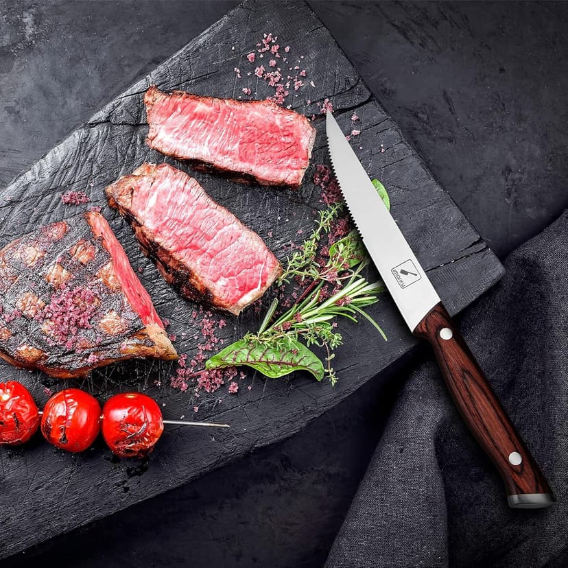 imarku Steak Knives Set of 6, Japanese HC Steel Premium Serrated Steak Knife Set with Ergonomic Handle and Gift Box, Home Essential, Best Birthday Gifts for Women and Men