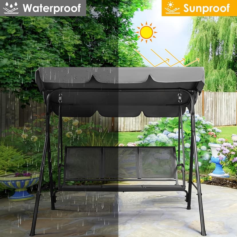 Yaheetech Outdoor Patio Swing Chair, 3-Seat Patio Sunset Hanging Swing Glider w/Adjustable Canopy & Texteline Fabric & Armrests, Outdoor Love Seat Bench for Patio/Garden/Yard/Porch, Gray