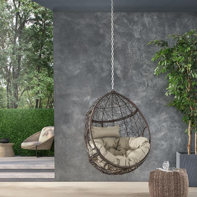 Outdoor Hanging Egg Chair with 8FT Chain, Patio Wicker Swing Egg Basket Chairs, Rattan Basket Hanging Chair Without Stand, Indoor Outdoor Wicker Hammock Egg Chair, Ideal for Patio Garden, Khaki Brown