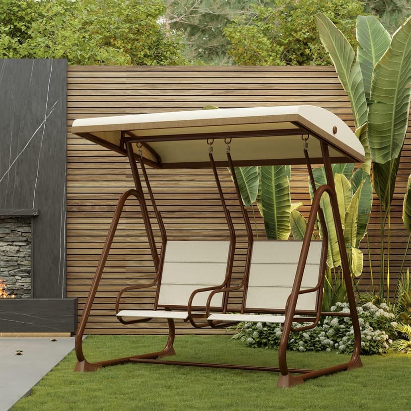 EAST OAK 2-Person Outdoor Porch Swing with Adjustable Canopy, Patio Swing Chair with Comfortable and Breathable Seats, Independent Swing Chairs for Garden, Balcony, Backyard, Chestnut Brown