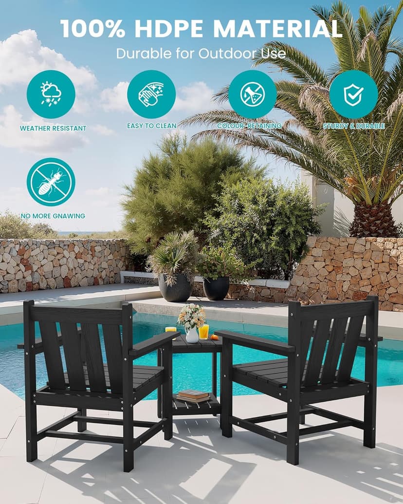 SERWALL 3 Pieces Patio Bistro Set, All Weather Adirondack Chair Set with Side Table, HDPE Material Outdoor Patio Furniture Set for Balcony, Porch, Garden, Backyard- Black