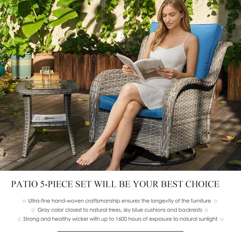 5 Piece Patio Furniture Set, Outdoor Swivel Chair Sets with Thick Cushion, Side Table and Ottoman, Wicker Patio Conversation Set for Deck Porch Sunroom