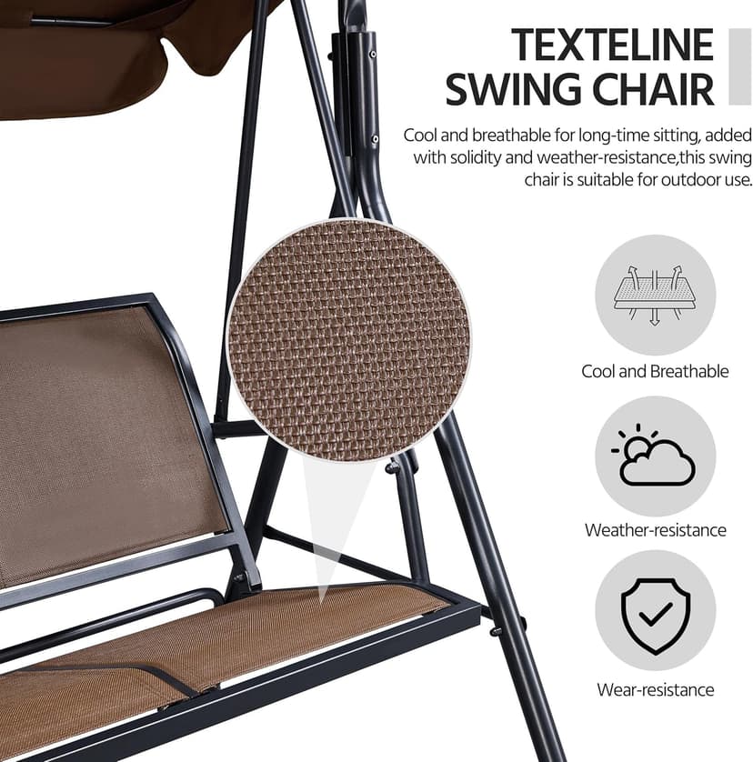 Yaheetech Outdoor Porch Swing Chair for Adults, 3-Seat Patio Hanging Swing w/Adjustable Canopy, Armrests, Porch Swing Sets w/Stand, Breathable Fabric for Backyard/Garden/Balcony, Dark Brown