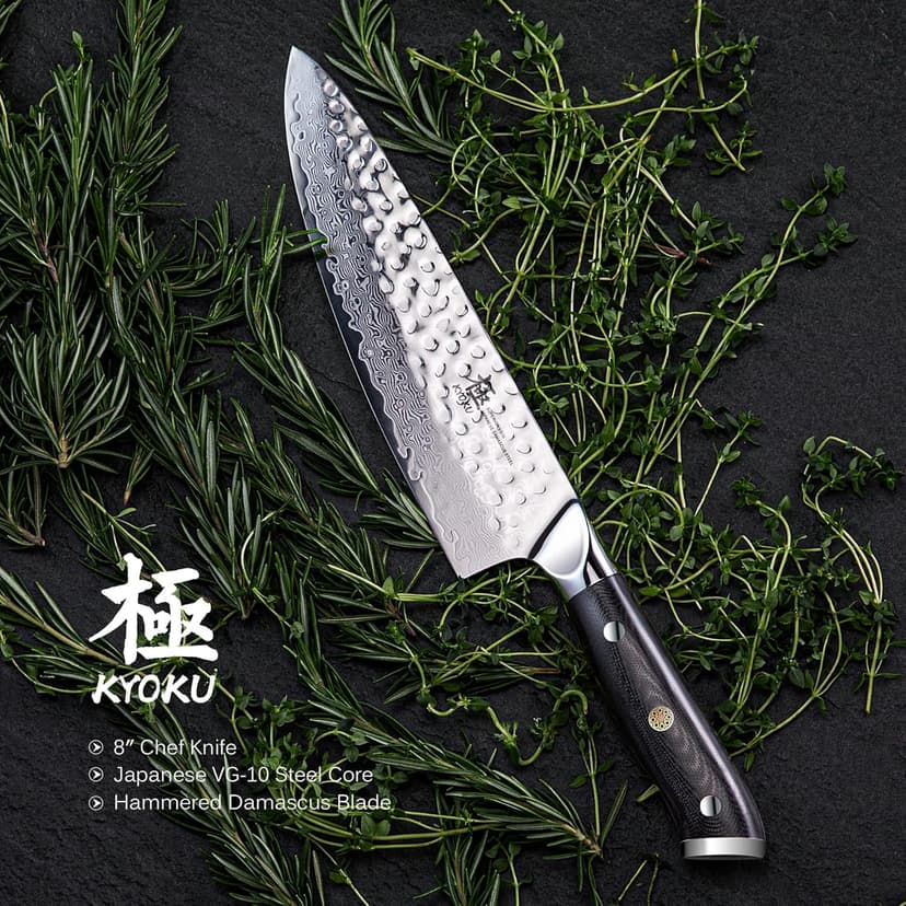 KYOKU Chef Knife - 8"- Shogun Series Japanese VG10 Steel Core Hammered Damascus Blade Kitchen Knife - with Sheath & Case