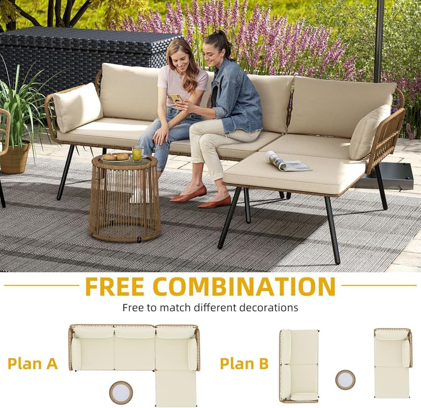 DWVO Patio Furniture Set 3 Piece Outdoor Wicker Conversation Set with Detachable Cushions and Coffee Table L-Shaped Sectional Sofa Set Outdoor Furniture Set for Backyard Porch Deck - Beige