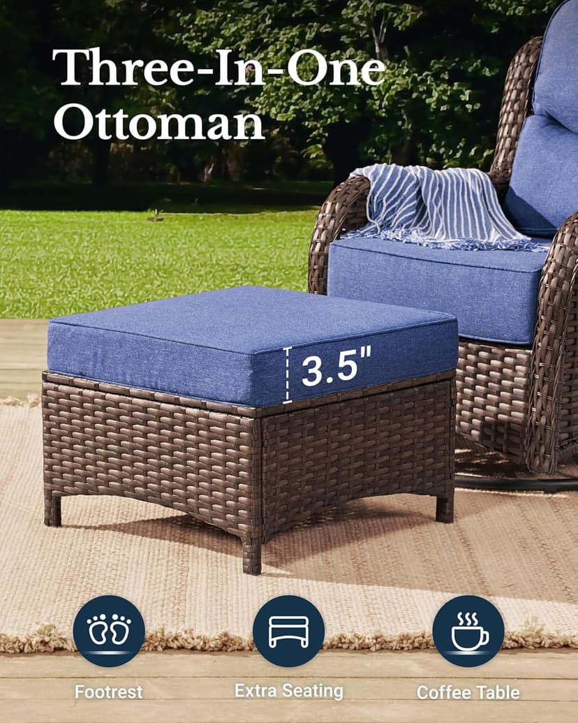 HILLGA Luxury Patio Furniture Set with 6-inch Thick Cushion, Outdoor Couch and High Back Swivel Rocker Patio Chairs, 7PCS Wicker Conversation Set for Deck Yard and Poolside, Blue (V2)