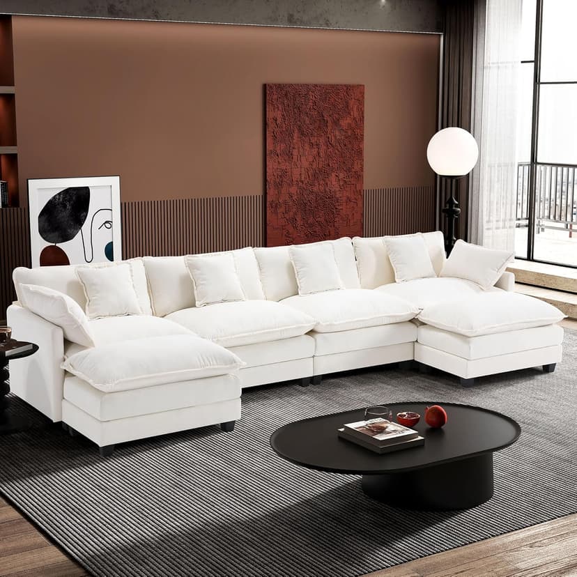 Ihanherry 146" U-Shaped Modern Sofa Modular Sectional Cloud Couch with 2 Ottoman, 6-Seat Chenille Deep Seat Sofa with 6 Pillows for Living Room, Bedroom and Apartment, Beige