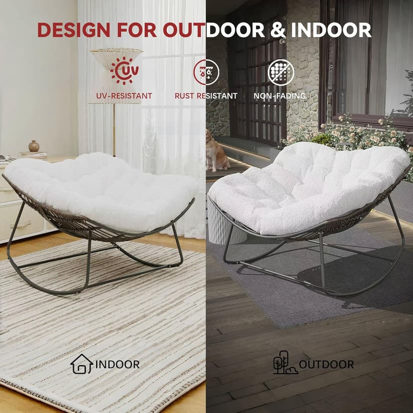 Papasan Rocking Chair, Rattan Rocking Chair, Oversized Outdoor Chair with Deep Seat Thick Cushion, Patio Rocking Chair for Bedroom/Porch/Garden (White & Black)