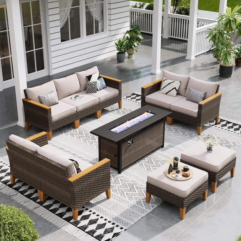 Sophia & William Patio Furniture Set with 56" Fire Pit Table, 10PCS Outdoor Wicker Sectional Conversation Set with 3-Seater Sofa, 2-Seater Couch, 2 Ottoman & FirePit Table(Beige)