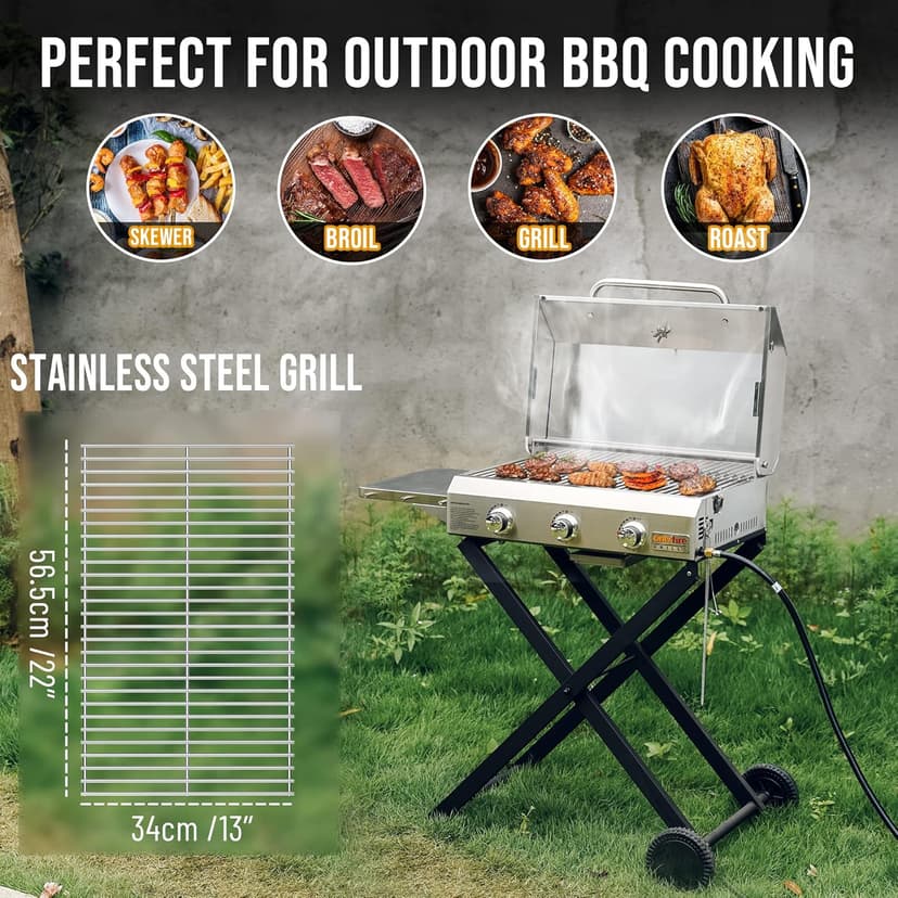 Onlyfire BBQ Gas Grill 3-Burner with Foldable Cart & Side Table, Portable Propane Grill with Lid for Outdoor Patio Backyard Barbecue Camping Tailgating RV Trip, Stainless Steel, GS308