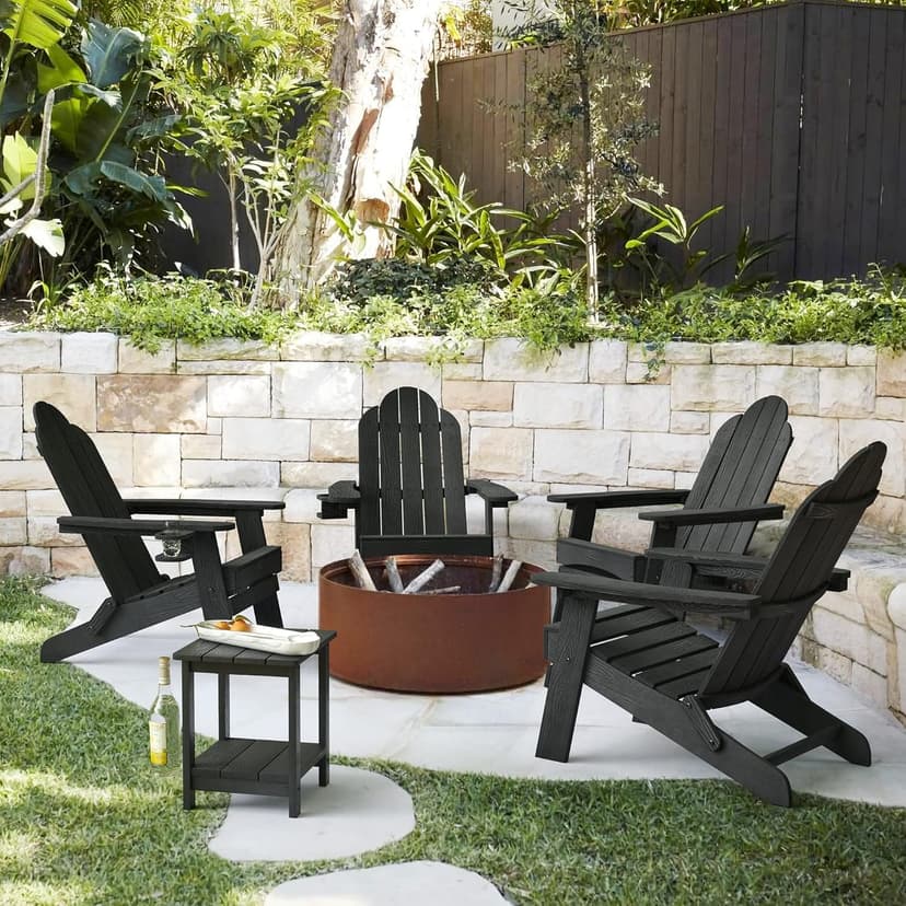 LUE BONA Folding Adirondack Chair Set of 4, Black HDPS Fire Pit Patio Chairs Weather Resistant, Modern Plastic Outdoor Chairs with Cup Holder