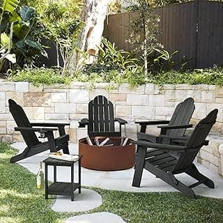 LUE BONA Folding Adirondack Chair Set of 4, Black HDPS Fire Pit Patio Chairs Weather Resistant, Modern Plastic Outdoor Chairs with Cup Holder