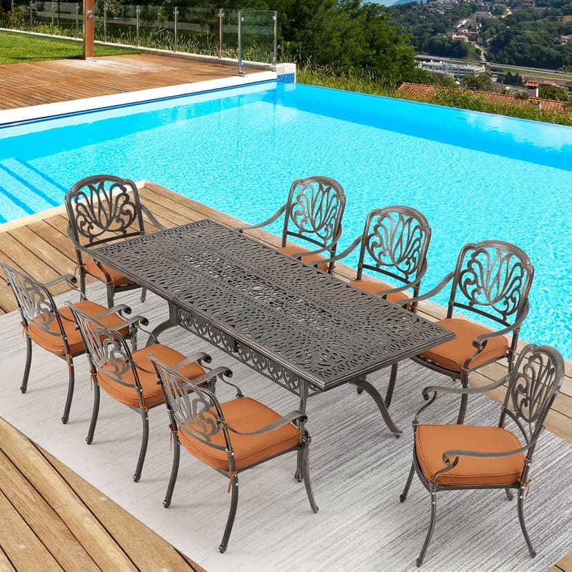 [Hi-End]Cast Aluminum Patio Furniture Set 9-Piece Outdoor Dining Set Includes 86.6’’ Rectangular Patio Table with Umbrella Hole and 8 Cushioned Dining Chairs,Rust-Free for Patio Deck Garden Pool