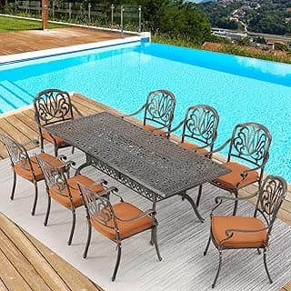 [Hi-End]Cast Aluminum Patio Furniture Set 9-Piece Outdoor Dining Set Includes 86.6’’ Rectangular Patio Table with Umbrella Hole and 8 Cushioned Dining Chairs,Rust-Free for Patio Deck Garden Pool