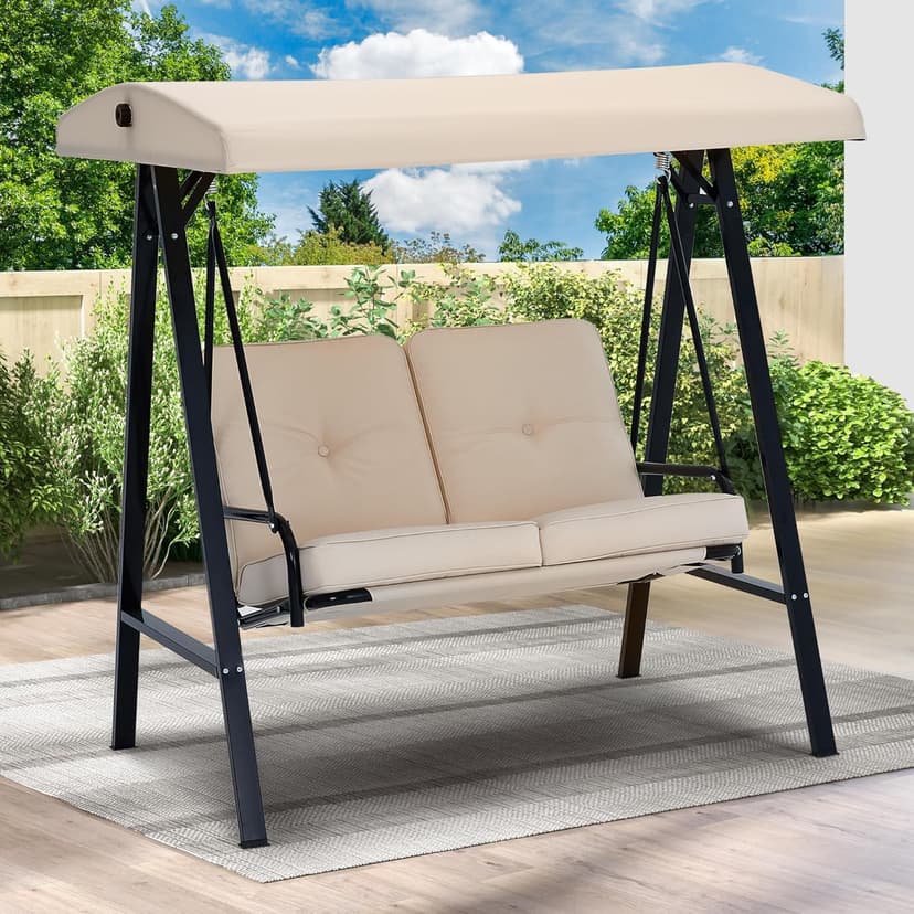AECOJOY Outdoor Patio Swing Chair for Adults, 2-Seat Porch Swings with Adjustable Canopy, Outside Swing Bench with Removable Cushion, Suitable for Backyard, Garden, Yard, Poolside, Balcony (Beige)