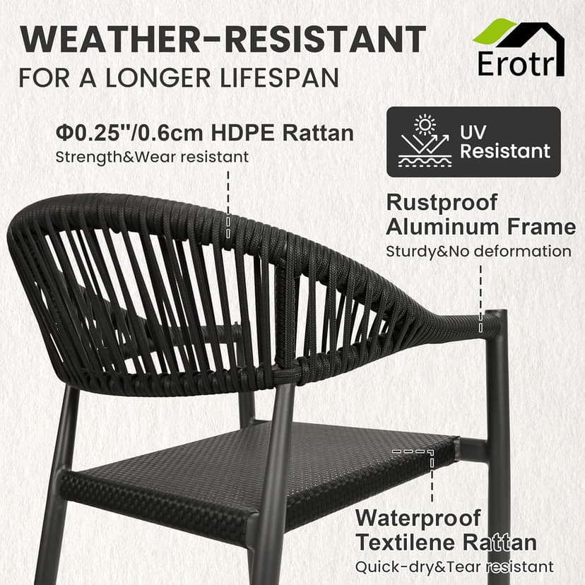 4 Pcs Stackable Patio Dining Chairs, Aluminum Rattan Outdoor Dining Chair with Arms, Woven Rope Garden Armchair Metal No Assembly for Bistro Balcony Porch Deck Yard Cafe Restaurant, Black