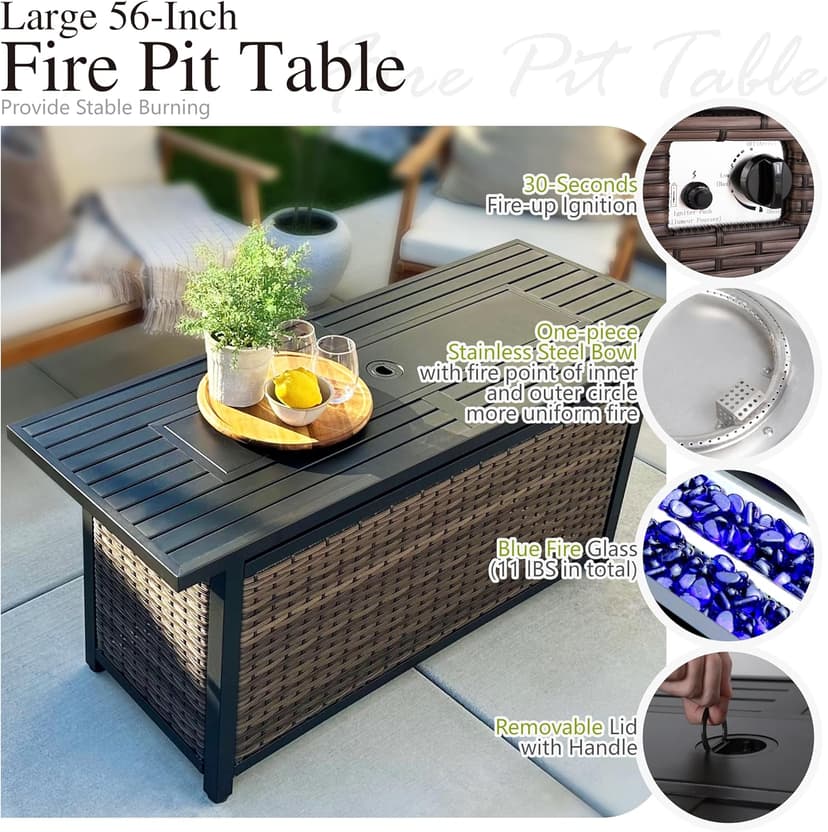 Sophia & William Patio Furniture Set with 56" Fire Pit Table, 10PCS Outdoor Wicker Sectional Conversation Set with 3-Seater Sofa, 2-Seater Couch, 2 Ottoman & FirePit Table(Beige)