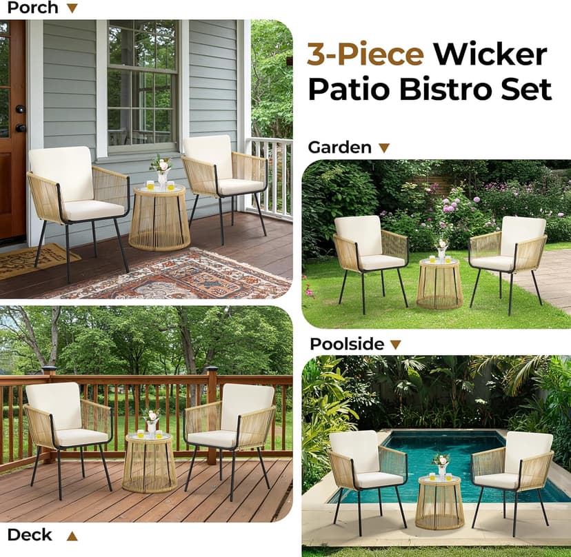 Yaheetech 3 Piece Patio Rattan Bistro Set, Outdoor All Weather PE Wicker Conversation Furniture Set with 2 Chairs & Tempered Glass Top Table & Cushions, for Poolside/Porch/Garden/Yard, Tan/Cream