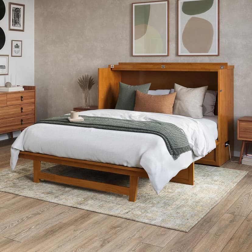 AFI, Northfield Queen Murphy Bed Chest with 6" Mattress, Storage Drawer & Built-in USB Charger, Light Toffee