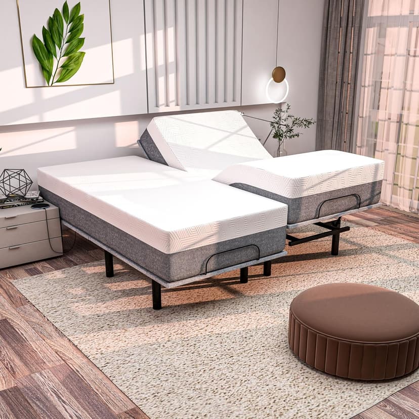 SF Split King Adjustable Bed Frame with Hybrid Mattress Included Massage - Adjustable Bed + Medium Soft Mattres, USB, UnderBed Light, Remote + App Control Electric Zero Gravity Base