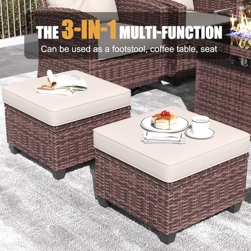 LayinSun 10 Pieces Patio Furniture Set with Swivel Chairs, Rattan Wicker Rocking Glide Chairs with 44" Propane Gas Fire Pit Table Conversation Set
