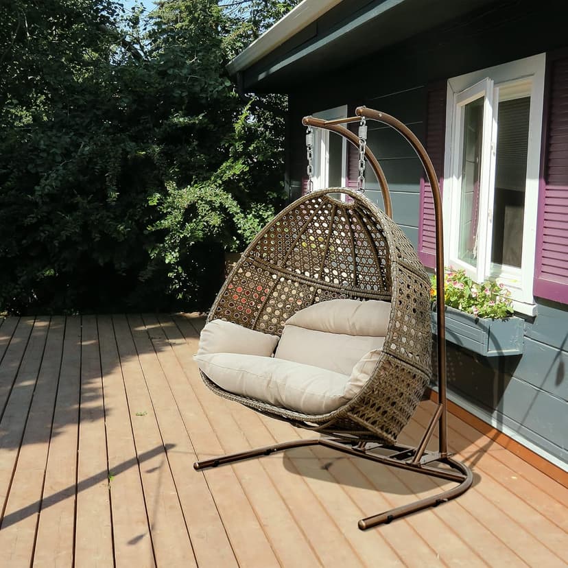 Qwork Double Egg Chair with Stand,2 Person Wicker Rattan Hanging Swing Chair, Hammock Swing Chair UV Resistant Cushion with Stand for Indoor Bedroom Outdoor Garden Backyard