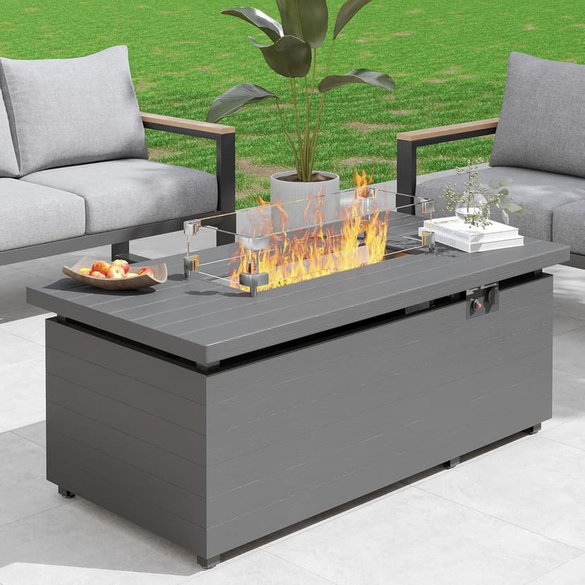 Sundale Outdoor 51 Inch Outdoor Fire Pit Table, 50,000 BTU Rectangle Propane Fire Pit with Glass Wind Guard, Rain Cover, Removable Lid, CSA Certified, Gray
