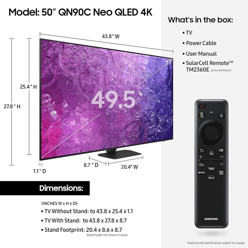 Samsung 50-Inch Class Neo QLED 4K QN90C Series Neo Quantum HDR, Dolby Atmos , Object Tracking Sound Lite, Anti-Glare, Gaming Hub, Q-Symphony, Smart TV with Alexa Built-In (QN50QN90C, 2023 Model)
