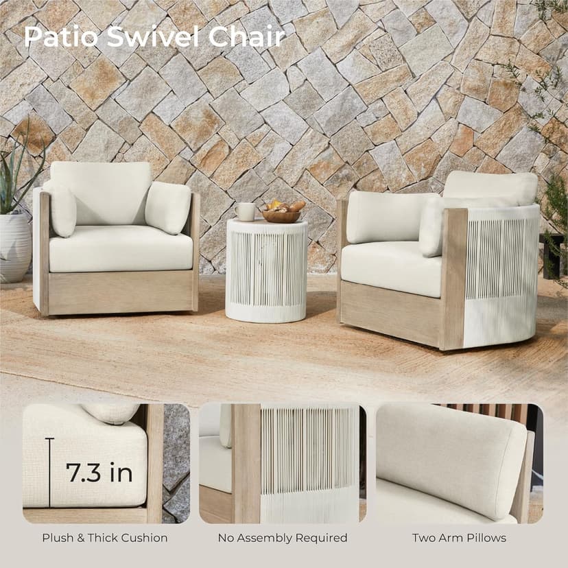 CHITA 3 Pieces Boho Patio Rattan Bistro Set, Outdoor Wicker Furniture Swivel Chairs & Side Table Set with 2 Arm Pillows, Acacia Wood Frame, Fully Assembled(Cream)