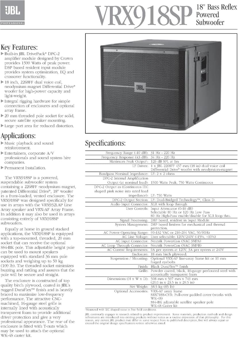 JBL Professional VRX918SP High-Power Powered Flying Subwoofer, 18-Inch