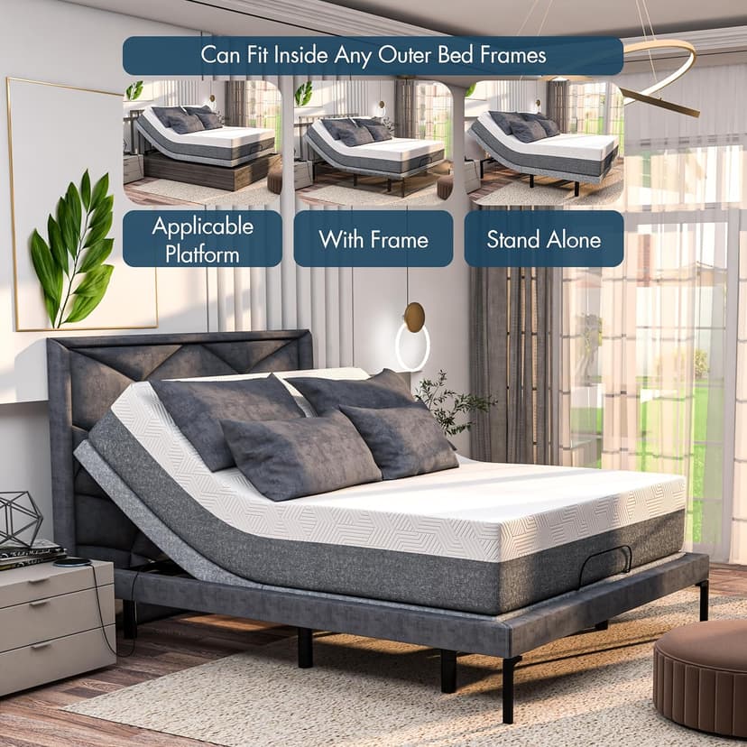 SFE Adjustable Bed with Mattress & Massage, Twin XL Adjustable Bed Frame + Medium Mattress - Cooling Gel Memory Foam Mattres, USB, UnderBed Light, Wireless Remote
