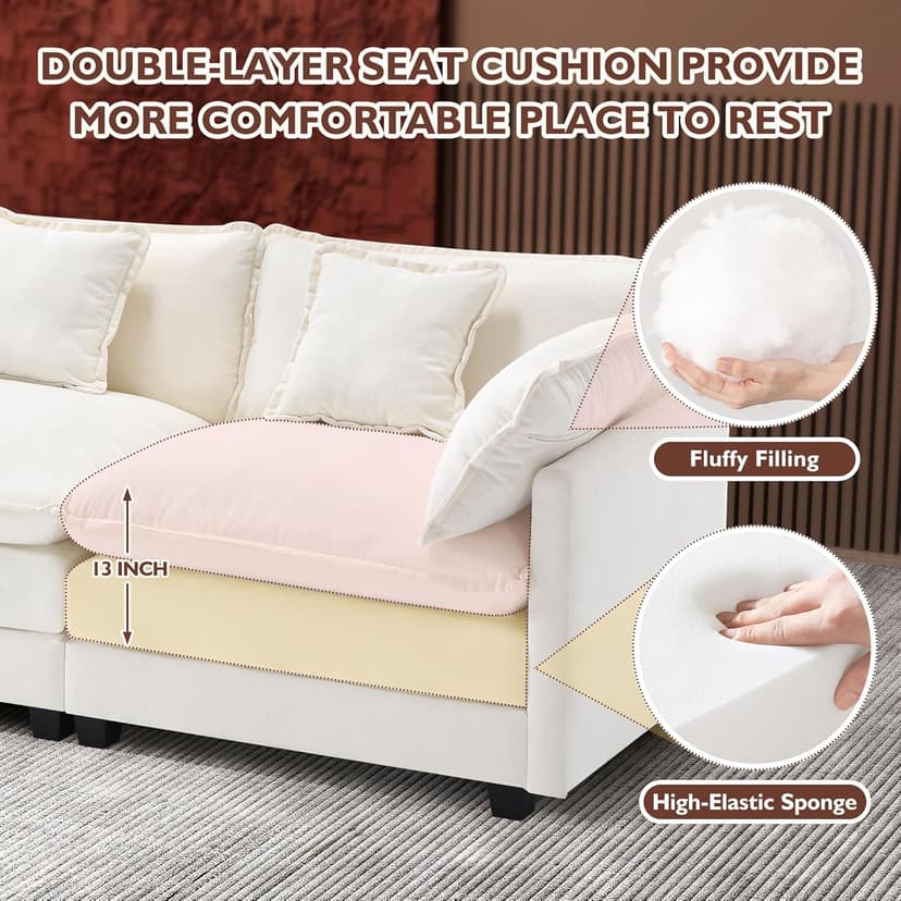 Ihanherry 146" U-Shaped Modern Sofa Modular Sectional Cloud Couch with 2 Ottoman, 6-Seat Chenille Deep Seat Sofa with 6 Pillows for Living Room, Bedroom and Apartment, Beige