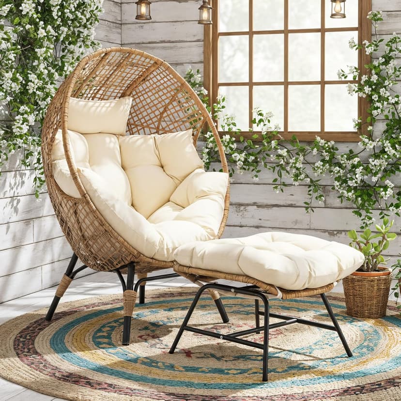 NICESOUL Wicker Egg Chair with Ottoman, Indoor Outdoor Egg Basket Lounge Chair w/Cushion, Oversized Egg Seat with Legs 440 Lbs, Comfy Cozy Boho Style Nest Chair w/Footrest for Patio, Balcony, Beige
