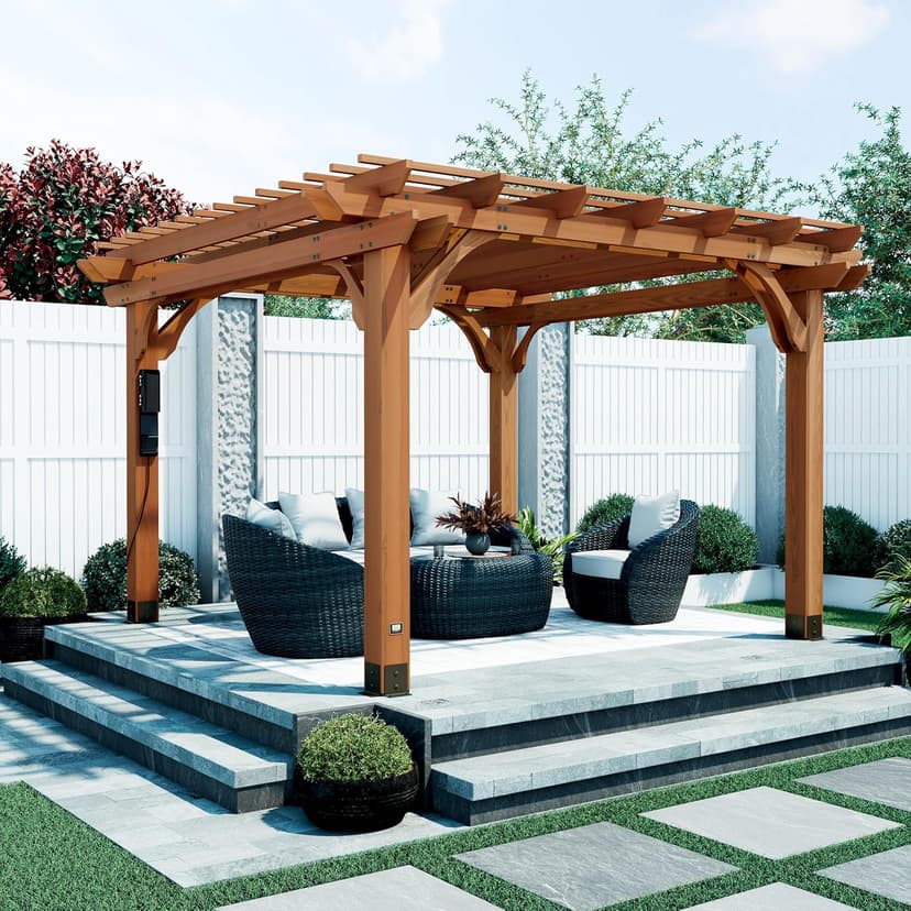 Backyard Discovery Beaumont 12' x 12' Traditional Cedar Wood Pergola Kit with Trellis Roof, All-Season Durability, High-Wind Rating, PowerPort, Shade for Outdoor Patio, Deck, Garden, and Entertaining