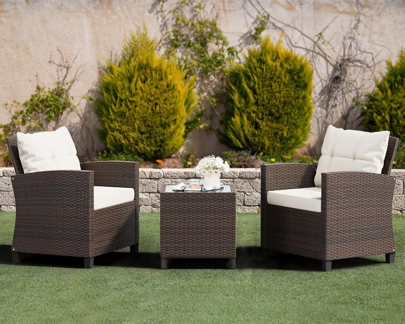 Shintenchi 3 Pieces Patio Furniture Set 3 Pieces PE Rattan Wicker Chairs with Table Outdoor Furniture for Backyard/Garden/Poolside/Outdoor Restaurant Brown Rattan with White Cushion