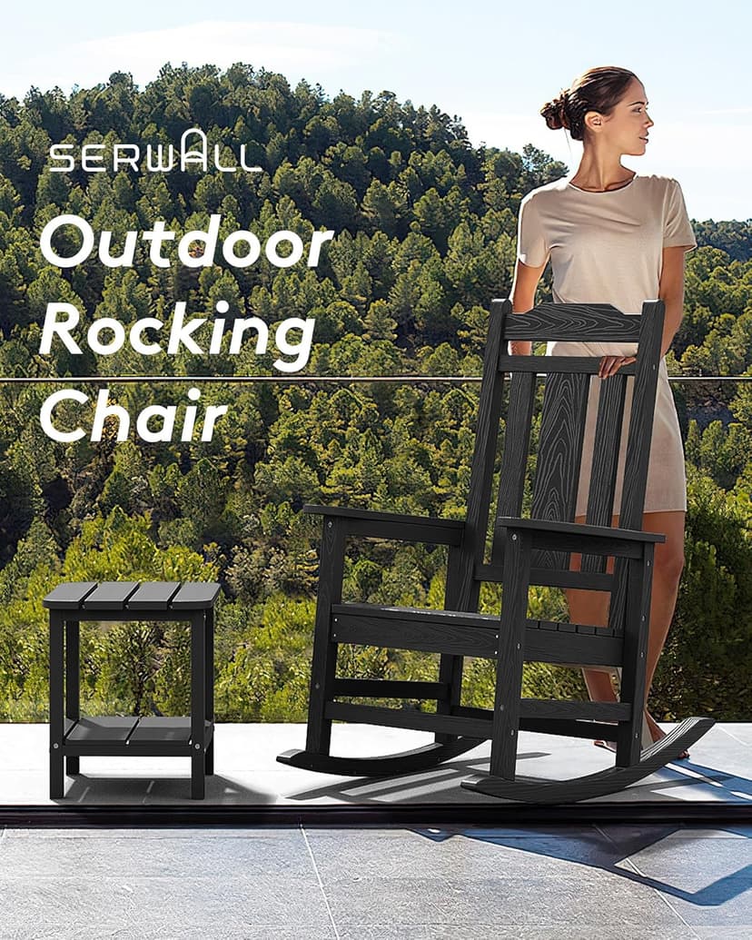 SERWALL Black Outdoor Rocking Chair Set of 2, All Weather Patio Rocking Chair, HDPE Poly Rocking Chair for Adults, Heavy Duty Front Porch Rocker