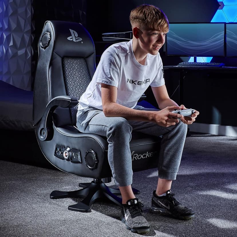 X-Rocker Officially Licensed PlayStation Infiniti+ 4.1 Stereo Audio Gaming Chair with Vibration, Comfy Folding Gamer Seat, Leather Look – Black, 5177401