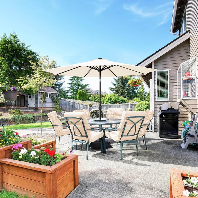 Sundale Outdoor 9FT Patio Umbrella with Sand Bag Umbrella Base, Outdoor Umbrella with Tilt and Crank, Beige