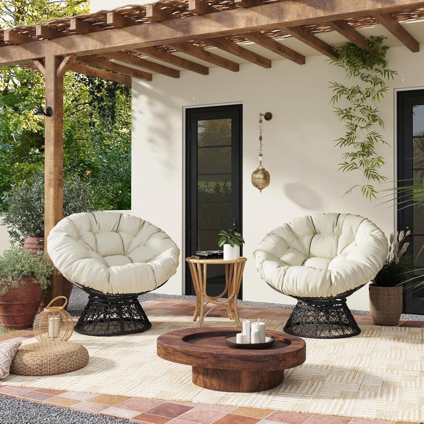Yaheetech Indoor Papasan Chairs with Thick Tufted Cushions and Frame, Swivel Wicker Ergonomic Lounge Reading Chairs for Living Room/Bedroom, Beige