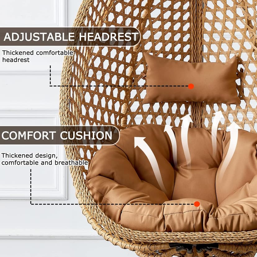 Hanging Egg Chair with Stand & Cushions, Outdoor and Indoor Hammock Rattan Swing Chair 350 lbs Capacity with Aluminum Steel Frame for Patio, Balcony, Backyard and Living Spaces (Light Brown)