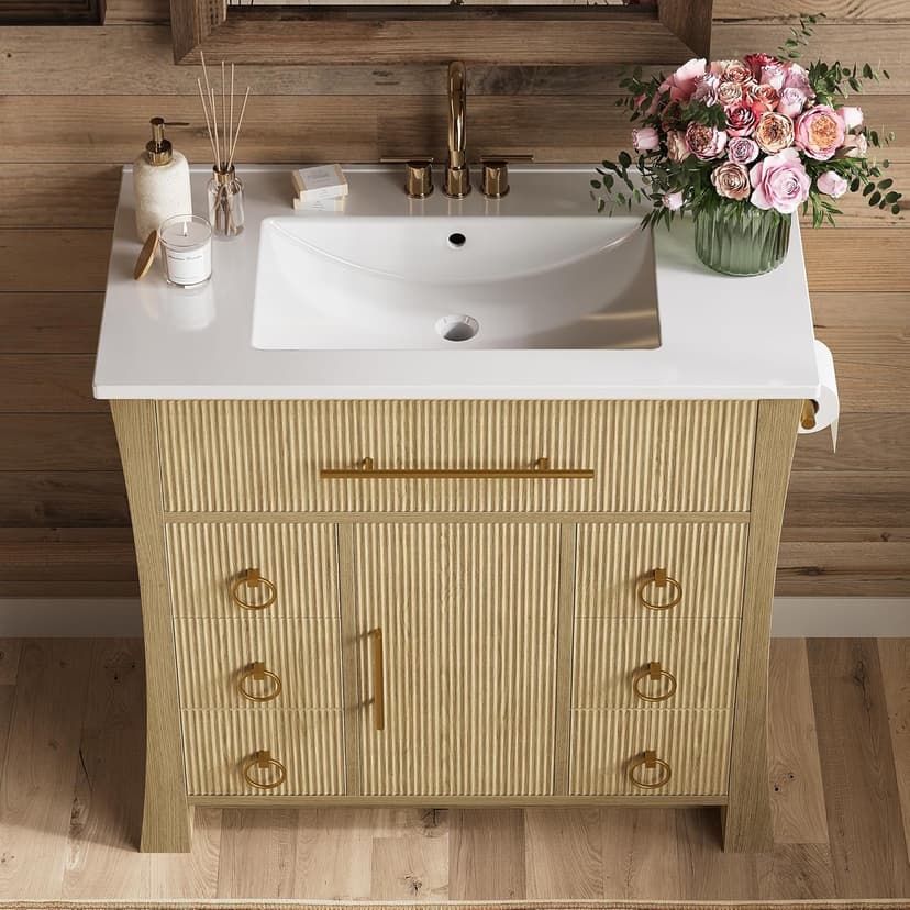IRONCK 36" Bathroom Vanity with Sink, Freestanding Bathroom Sink Cabinet with 4 Drawers & 1 Flip-Down Drawer, Wood Grain Texture, Metal Handle, Farmhouse