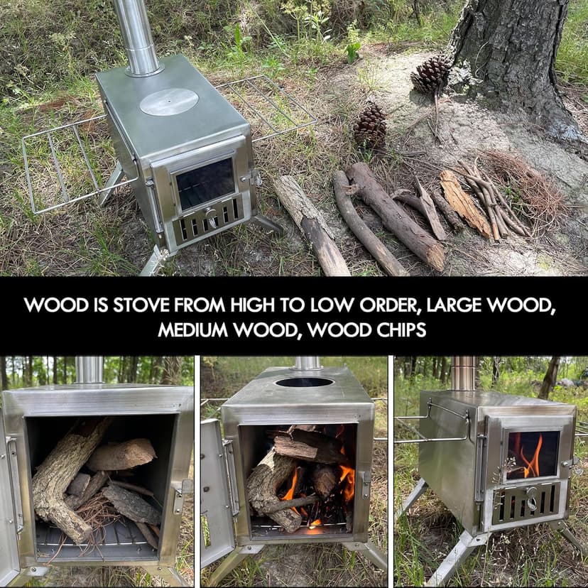 Wood Burning Stove,Portable Camping Stove with Chimney Pipes,Front Window，Side Racks,Mini Wood Stove for Outside Tent,Cookout,Truck Travel and inside Woodcutter's Cottage