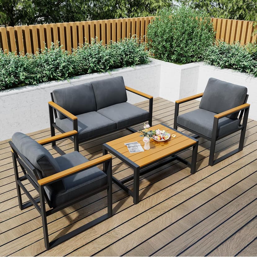 Pamapic 4 Pieces Outdoor Patio Furniture Set, Modern Metal Balcony Furniture with Plastic-Wood Coffee Table, All-Weather Patio Conversation Set with Thick Cushion for Balcony, Porch, Gray
