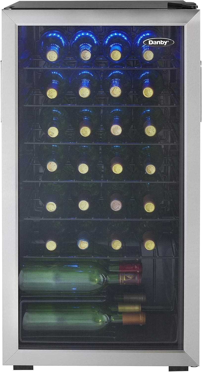 Danby DWC036A1BSSDB-6 3.3 Cu. Ft. Free Standing Wine Cooler, Holds 36 Bottles, Single Zone Fridge with Glass Door-Chiller for Kitchen, Home Bar, Stainless Steel
