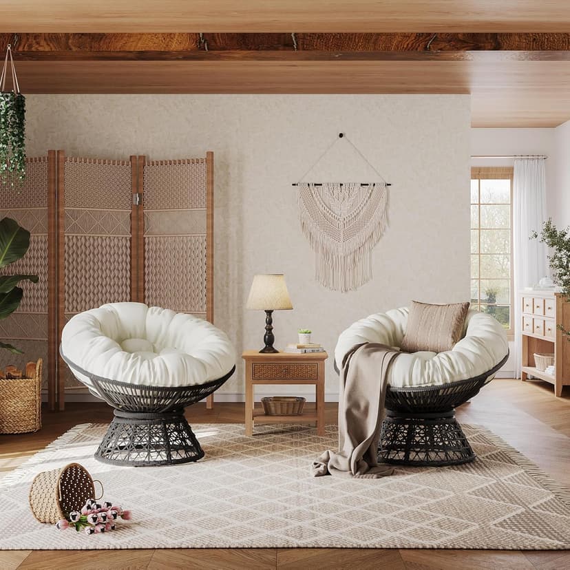 Yaheetech Indoor Papasan Chairs with Thick Tufted Cushions and Frame, Swivel Wicker Ergonomic Lounge Reading Chairs for Living Room/Bedroom, Beige