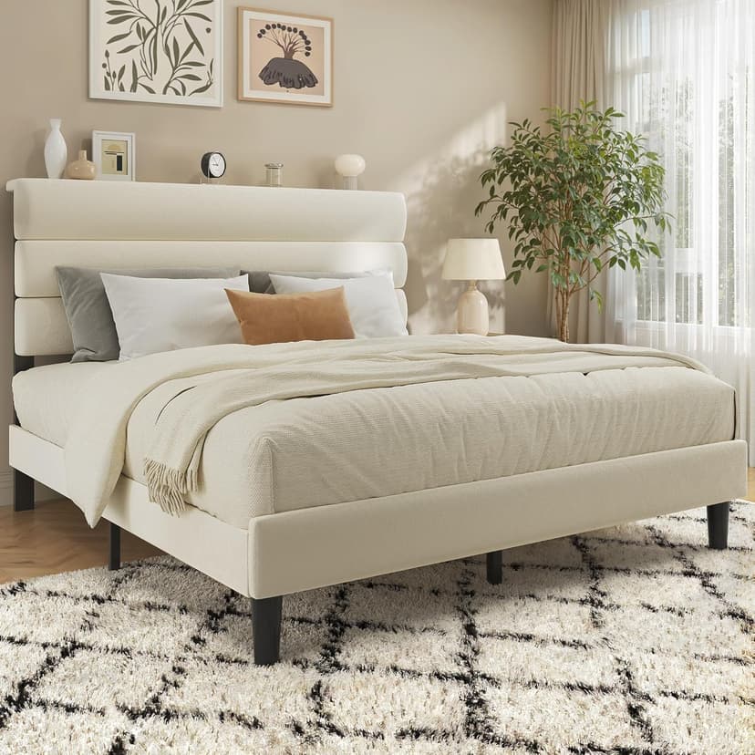 Queen Bed Frame, Platform Bed Frame with Velvet Upholstered Headboard, No Box Spring Needed, Sturdy Metal Support, Noise Free, Easy Assembly, Modern Bedroom Furniture, Beige