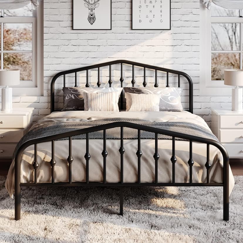 SHA CERLIN Queen Size Metal Platform Bed Frame with Victorian Style Wrought Iron-Art Headboard/Footboard, No Box Spring Required, Black