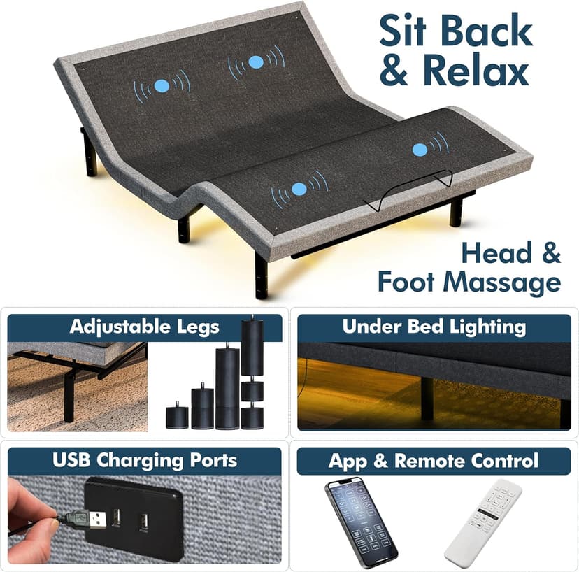 SFE Adjustable Bed with Mattress & Massage, Twin XL Adjustable Bed Frame + Medium Mattress - Cooling Gel Memory Foam Mattres, USB, UnderBed Light, Wireless Remote