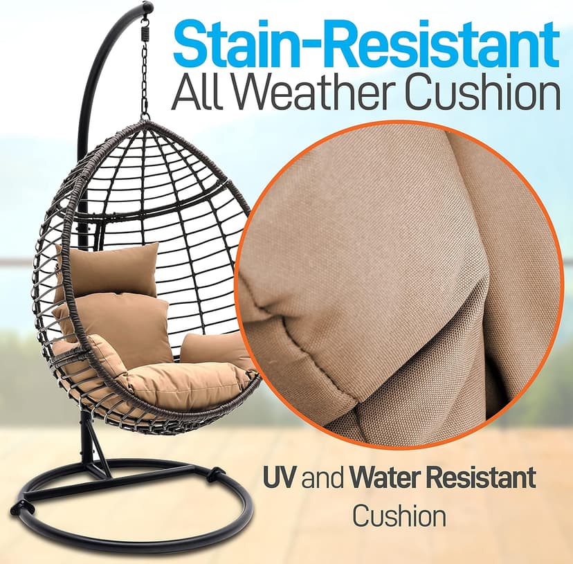 SereneLife Hanging Wicker Egg Swing Chair with Cushions & Stand – Brown Rattan Outdoor/Indoor Chair with 66 lb Capacity, Powder-Coated Steel Frame, Washable Weather-Resistant Cushions